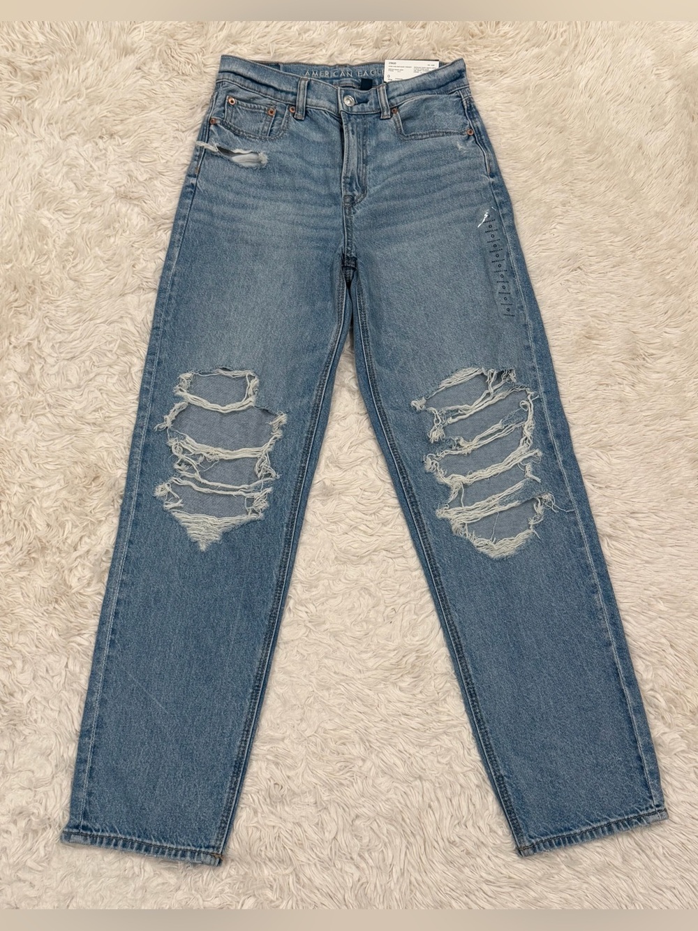 NEW American Eagle Strigid Super High Rise Distressed Baggy Straight Jeans 0 25W